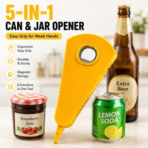 5-in-1 Can Opener Jar Opener Lid Remover, Multifunctional Bottle Opener for Weak Hands, Manual Kitchen Gadget for Beer, Soda Cans, Jam Jars & Bottle Caps, Yellow