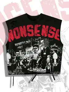 American Vintage Street Style Nonsense Print Sleeveless Vest, Unisex Baggy Distressed Ripped Design, Streetwear Hip Hop Fashion Top for Men and Women