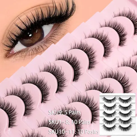 GROINNEYA 5/10 Pairs Fluffy Eye Lashes 3D C Curl False Lashes, Natural Strip Eyelashes Angel Lashes Short Wispy Lashes Volume Wispy Eyelashes Reusable,Essential For Daily Wear Strip Lashes,Ghost Lashes, Fake Lashes