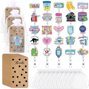 25 Sets Funny Badge Reel Nurse Cute Retractable Name ID Clip with Cards and Organza Bags  Badge Holder for   Assistant Men Women Office Lanyard Supplies Bulk Gifts