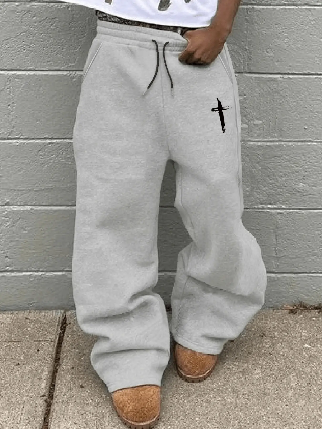 Cross Print Straight Leg Soft Comfy Sweatpants, Loose Fit, Unisex, Streetwear Casual, Comfortable, Suitable For Men And Women, All Seasons, Casual Lounge Pant