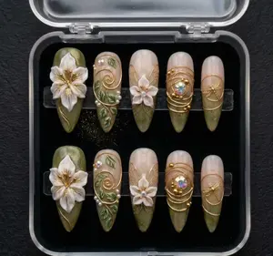 Handmade Elven Forest Press On Nails | 3D White Lily, Golden Dragonfly & Pearl | Almond Nails For Ethereal Fantasy Vibe