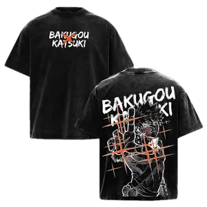 Men's Thrift Distressed Vintage Shonen Short-Sleeve T-Shirt - Big Bakugou Orange Cross Explosion Spark Manga Graphic, Back Mini KATSUKI Text, Chest Front Grunge Streetwear Casual Top