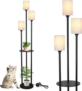 YYDS Floor Lamp with Shelves, Modern Floor Lamps for Living Room, 3-Lights Standing Lamp with Linen Shade and Foot Switch, Industrial Standing Lamps for Bedroom, Black Tall Table Lamp for Office