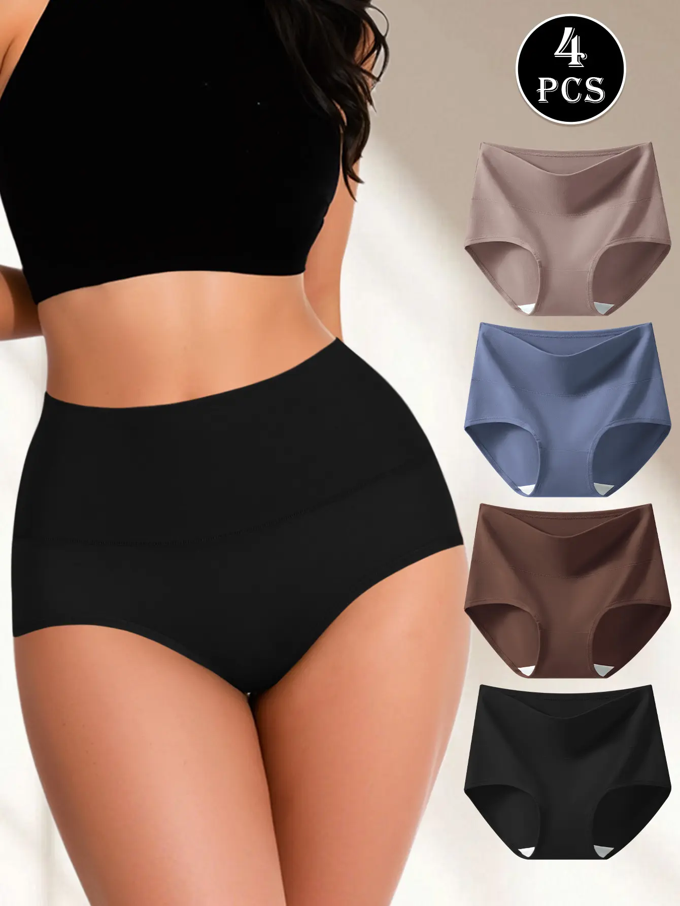 Hotcom Women's Plus Size High-Waist Pleated Cotton Panties - Minimalist Seamless Hipster, Soft Breathable, 4pcs Mixed Color Multipack for Everyday Basic Wear
