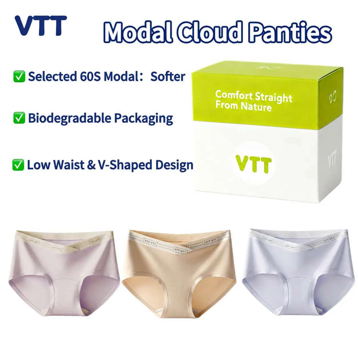 VTT 3-Pack Modal Maternity Underwear, Low-Rise Seamless Pregnancy Support with V-Cross Waistband, Removable Clips, and 7A Antibacterial Certification