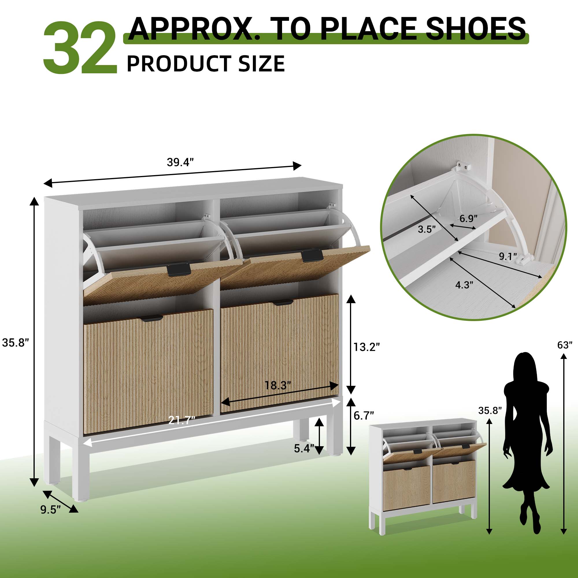 Modern Fluted Shoe Storage Cabinet – 4 turn Drawers, Narrow Wooden Shoe Organizer, Hidden Freestanding Entryway Shoe Rack with Metal Legs, Sleek Storage for Hallway or Foyer, White + Gray / Black + Oak