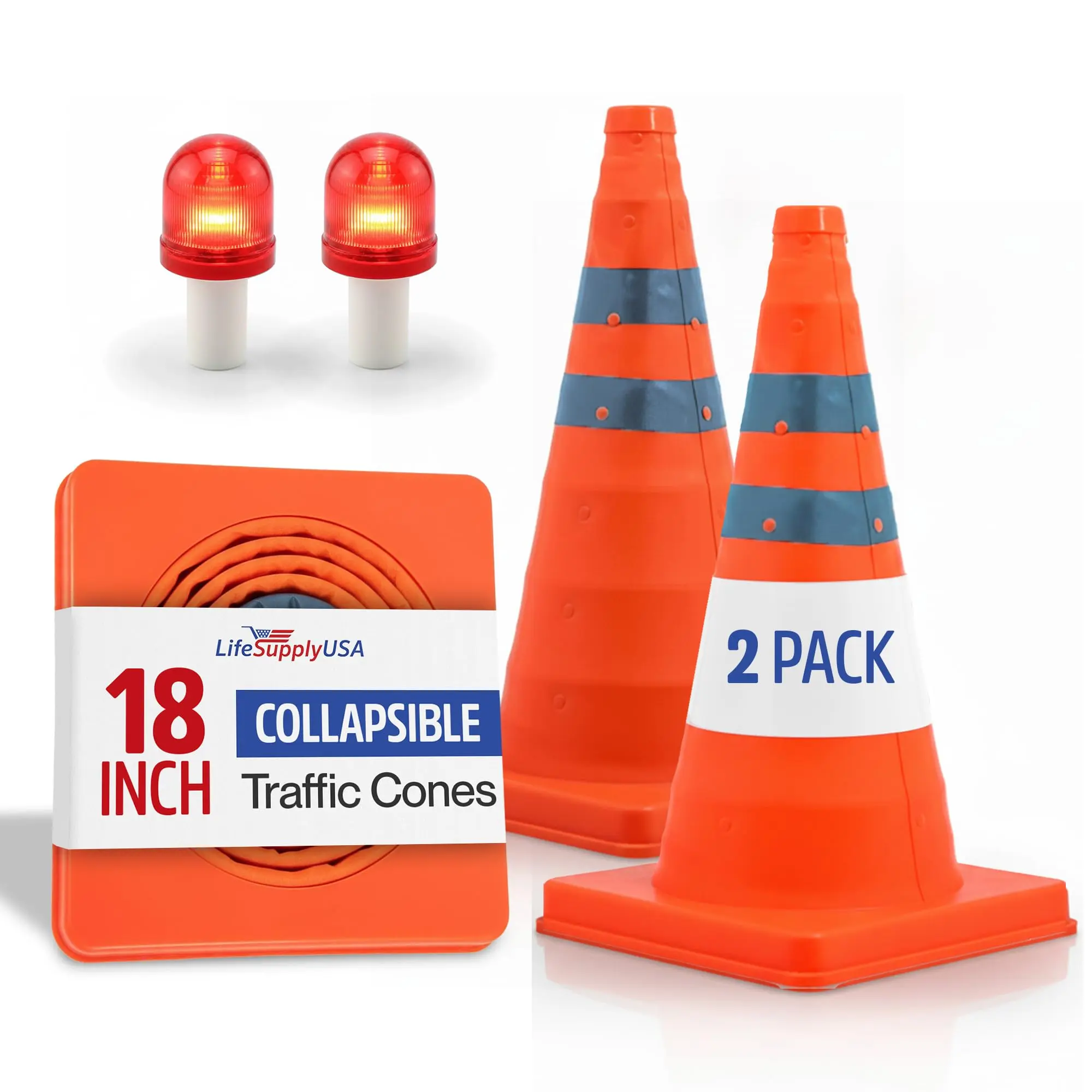 Collapsible Traffic Safety Cones with LED Light Lamp Bright Orange Road Reflectors with Reflective Strips, Multipurpose Pop-Up Road Parking Cone for Emergency & Construction Use by LifeSupplyUSA, Cone Safety Cones, Hi-Visibility Safety Cones