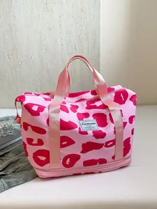Large Capacity Foldable Nylon Leopard Print Tote Bag, with Separate Shoe Compartment, Ideal for Sports, Yoga, Fitness, Travel, School Use, Travel Weekender Bag