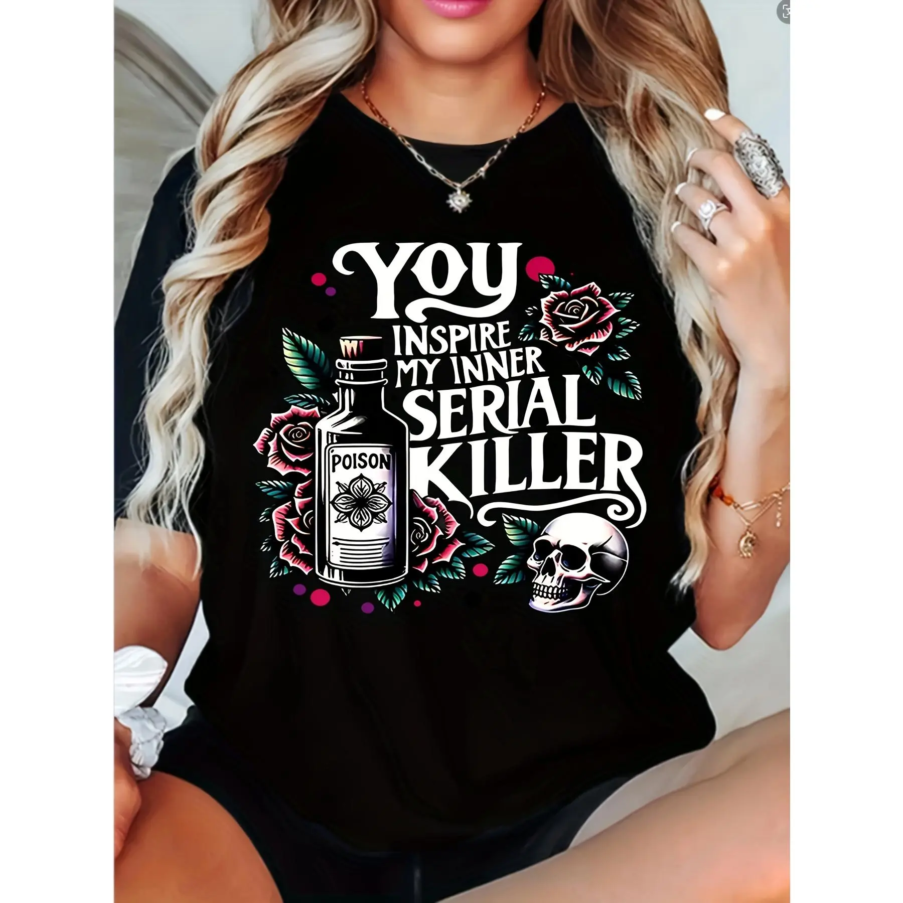 Women'S "You Inspire My Inner Killer" Graphic Tee - Skull & Roses Design, Casual Crew Neck, Short Sleeve, Knit Fabric, All-Season Top, Spring Summer Top | Skull Print Top Embroidered Womenswear Printed Shirt