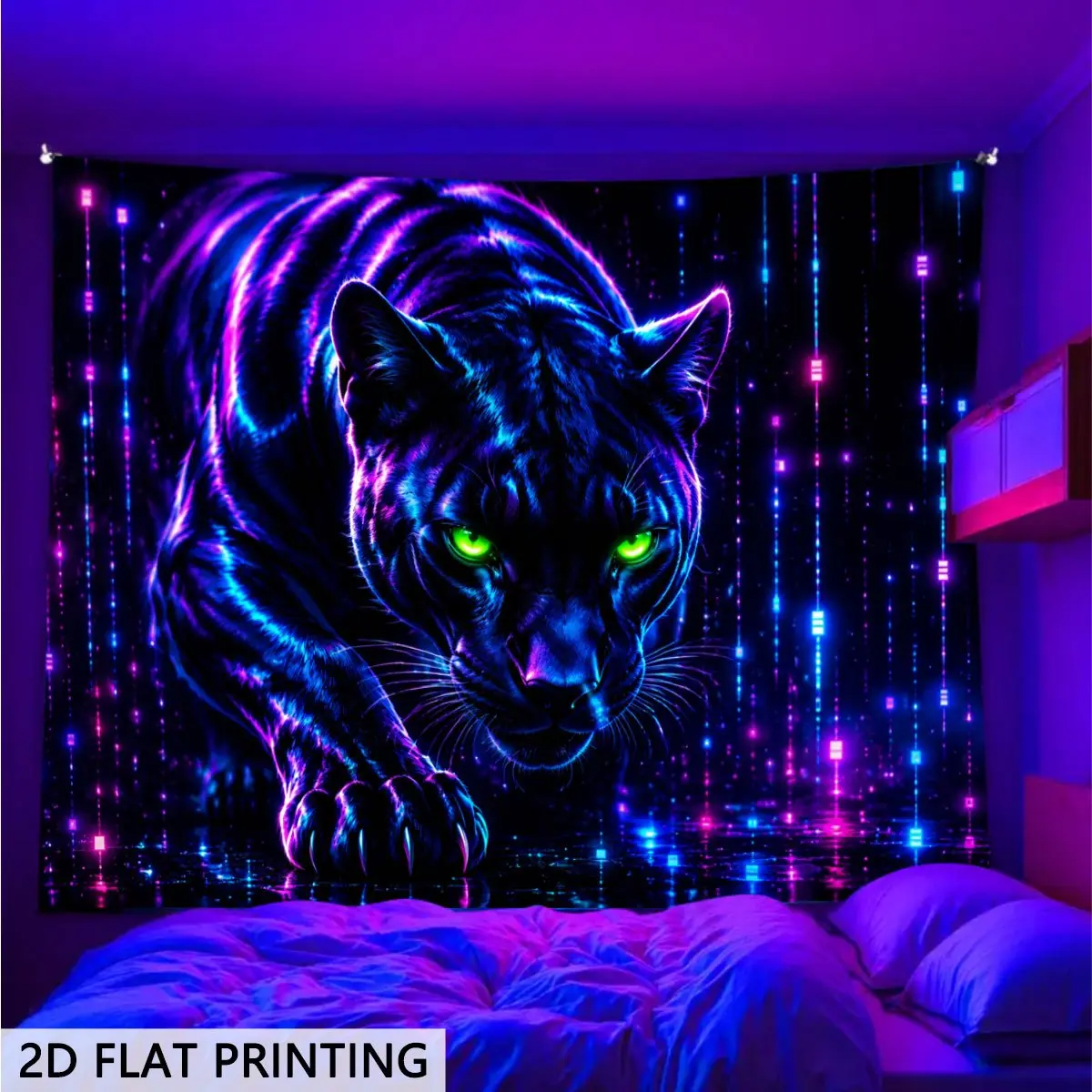 2D Flat - 2D Flat Blacklight Glow in The Dark Tapestry Cyberpunk Panther Design Wall Hanging for Bedrooms Living Rooms And Offices. Retro Aesthetic Style Game Room Decor Festive And Party Decor College Dorm Decor,family,dormitory