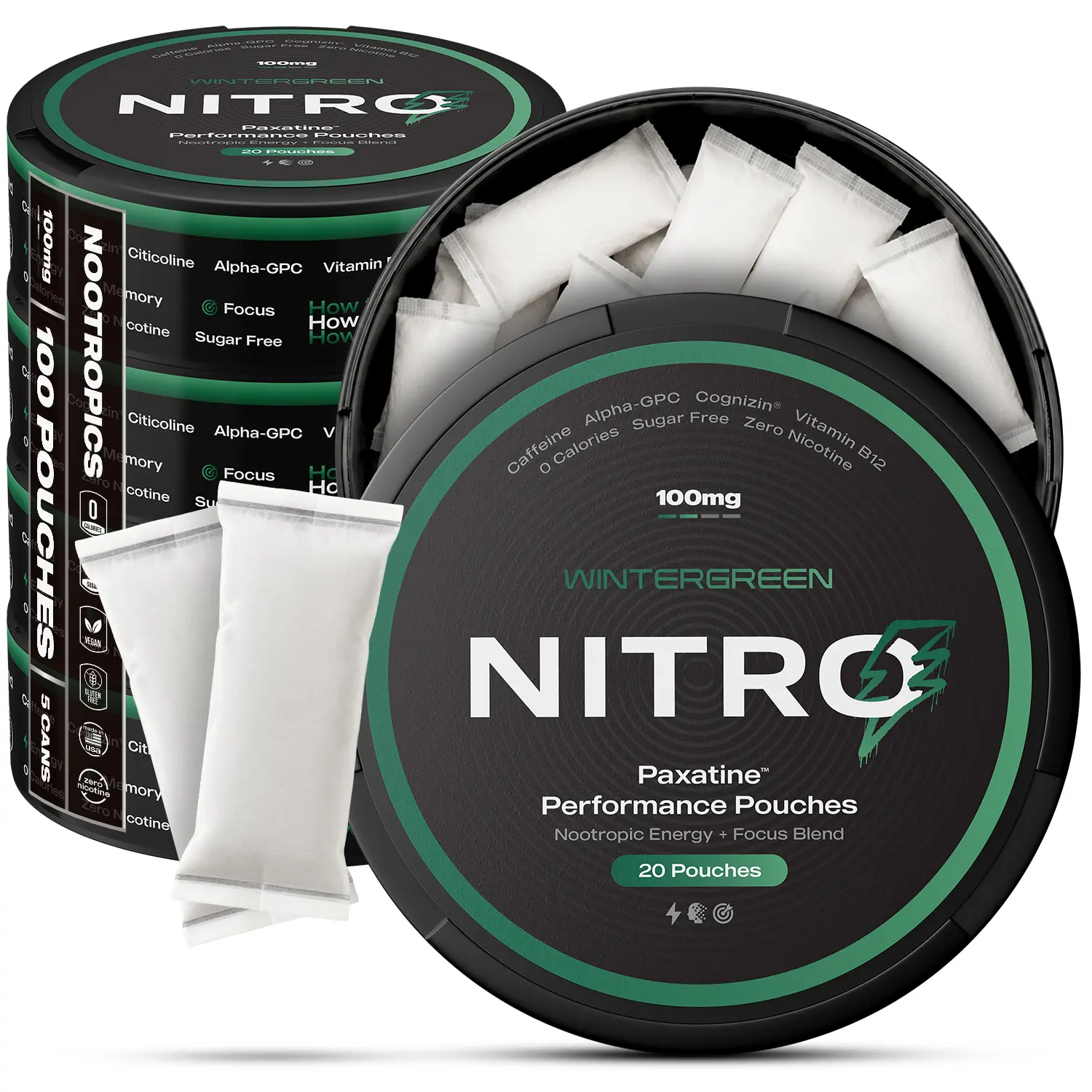 Nitro Nootropic Energy Pouches - Energy + Focus Pouches - 100mg Caffeine, Alpha GPC, Cognizin Citicoline, L-Theanine, Vitamin B12 - No Sugar, Nicotine-Free - 20 Pouches Per Can - 3 Pack - Wintergreen