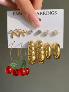 6 Pairs Elegant Cherry Bow Rhinestone Imitation Pearl Earrings Set, Women's Daily Vacation Date Travel Accessories, Summer Fashion Gift