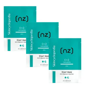 Skincyclopedia Sheet Mask Niacinamide Set, Zinc, Anti-Blemish Solution, Anti-Aging Intense Hydrating Face Masks, Smooth Skin Booster, Reduce Wrinkles, Instant Brightening Firming Skin, Vegan, 3 Pack