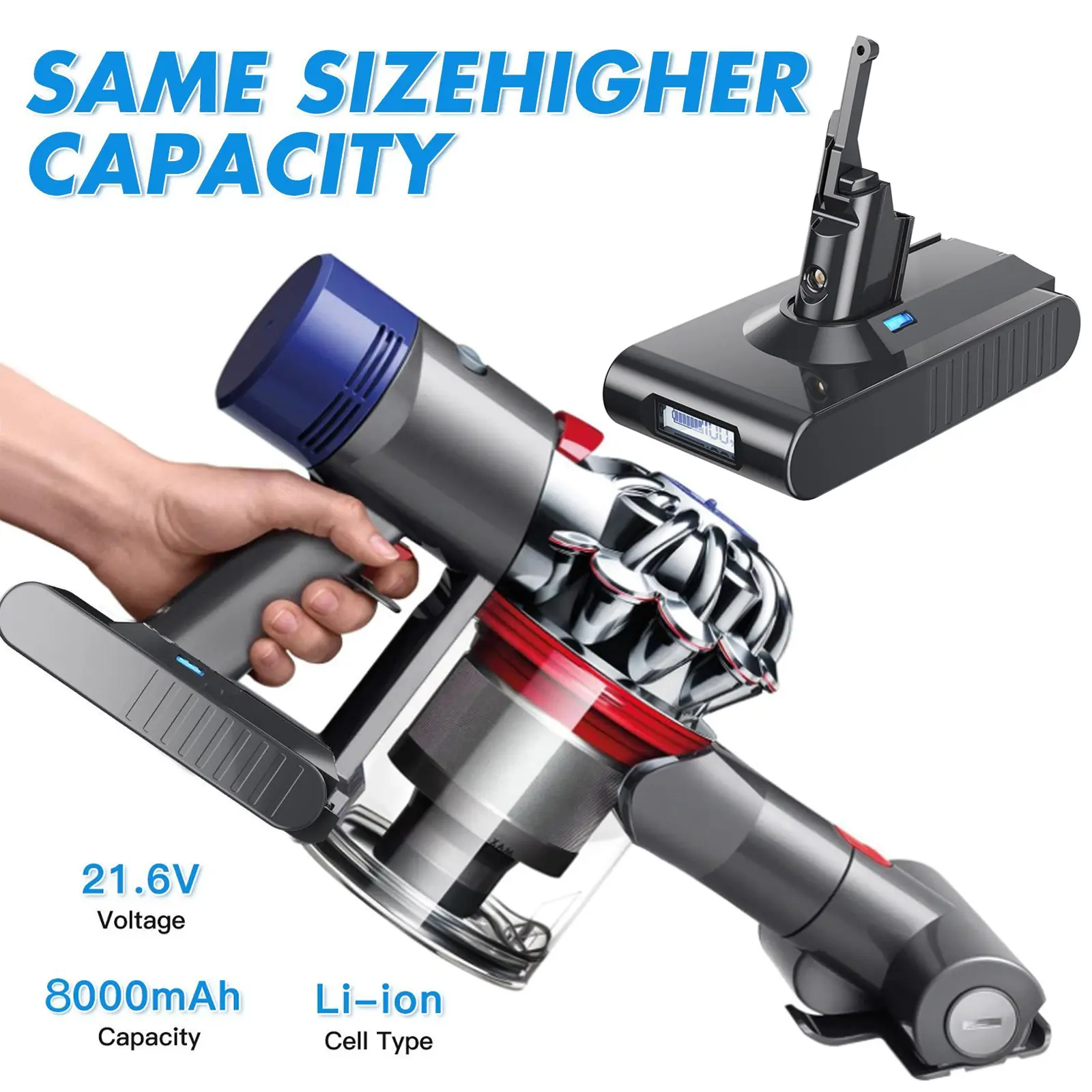 Dyson V8 Battery Replacement Kit, newly upgraded 21.6V 8000mAh, with LED display – compatible with Dyson V8 Animal battery replacement kits, SV10 batteries, V8 Absolute 215681 cordless vacuum cleaner lithium-ion batteries and filter accessories.