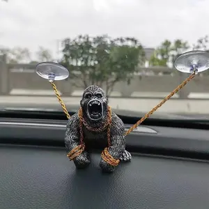 Gorilla Car Dashboard Decoration – Funny Car Accessory with Non-Slip Mat & Gold Chain, Cute Interior Ornament for Cars, Desk, or Aquarium Decor, Angry expression Perfect Car Gift