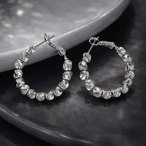 Vintage Silver Beaded Hoop  for Women, Irregular Textured Silver Plated Hoops with S925 Post, Lightweight Statement Everyday stud earring