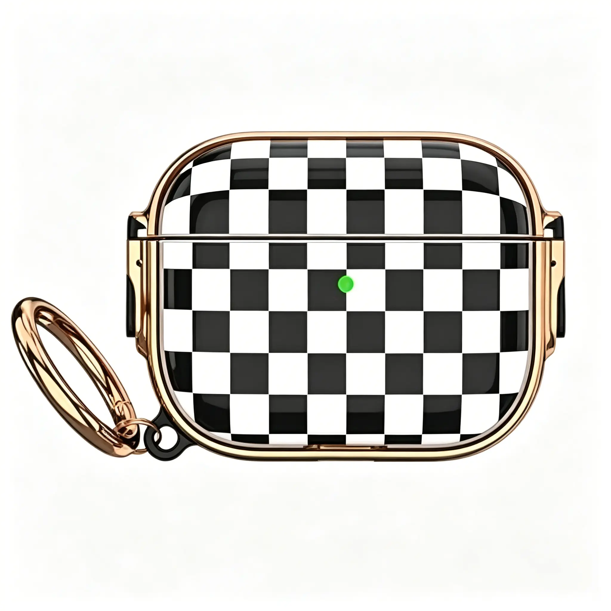 Trendy classic checkered print | Full wrap rose gold electroplated trim | Anti-lost metal ring included | Glossy scratch-proof surface | Fits AirPods Pro3 & 4 | Charge without removal | Shockproof & easy to install