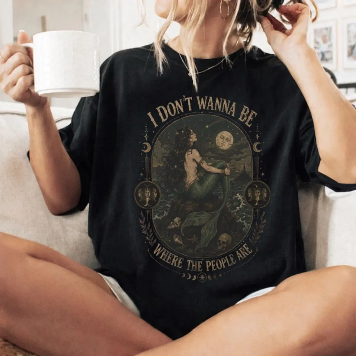 Comfort Colors Siren I Don't Wanna Be Where The People Are Shirt, Antisocial Mermaid Graphic Tee, Vintage Coastal Gothic T Shirt, Unisex Fitted Short Sleeve Tee, Casual Clothing