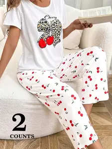 Women's Cherry Leopard Print Short Sleeve T-Shirt & Casual Long Pants Set, Street Style Fashion, Vintage Simple Natural Fit