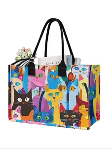 Large Capacity Cat Print Storage Bag, Durable Handle, Space Saving Multi-Purpose, Ideal for School, Travel, Shopping