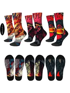 3 pairs of unisex Harajuku-style socks with trendy, novelty turkey patterns for New Year's and Thanksgiving. Comfortable, warm, breathable compression socks for couples, friends, and holiday gifts. Perfect for everyday wear at home, work, or parties.