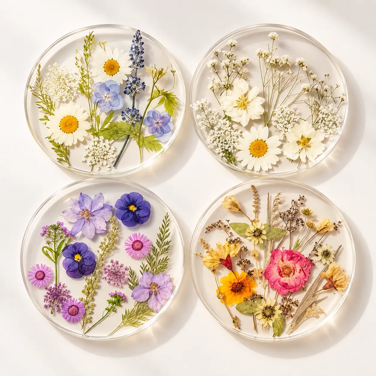 4-Piece Floral Artwork Acrylic Coasters, Kitchenware Tableware for Drinks, Home Use Coffee Tea Table Decor