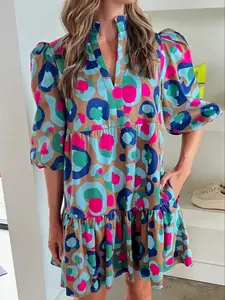 Women's Floral Print Tie Neck Romper, Boho Casual Short Sleeve Romper for Beach Vacation Holiday, Ladies Clothes for Summer