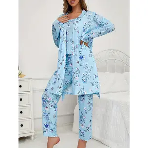 Women's Floral Butterfly Print Camisole Pants + Tie Robe 3-Piece Set