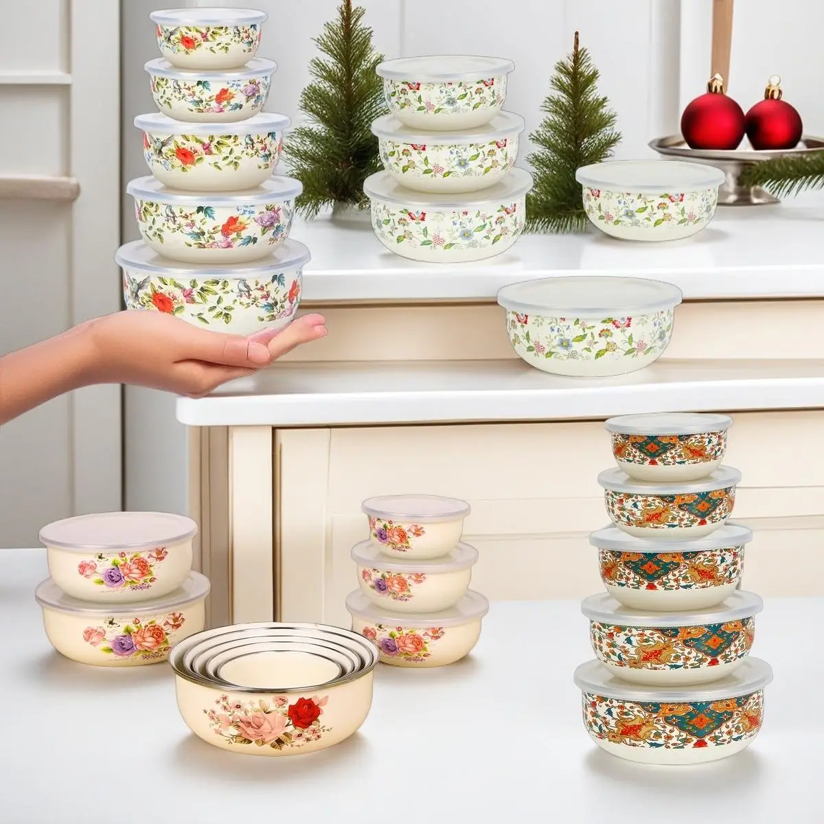 Floral Pattern Lunch Box with Lid, 3/5 Counts Portable Dish Food Storage Box, Food Storage Container for Home Kitchen Outdoor Camping Office School, K