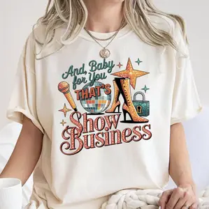 Comfort Colors And Baby That’s Show Business Shirt, Retro Disco Graphic Tee with Sparkle Stars and High Heels, Trendy Concert Outfit, Showgirl Shirt, In My Showgirl Era Shirt