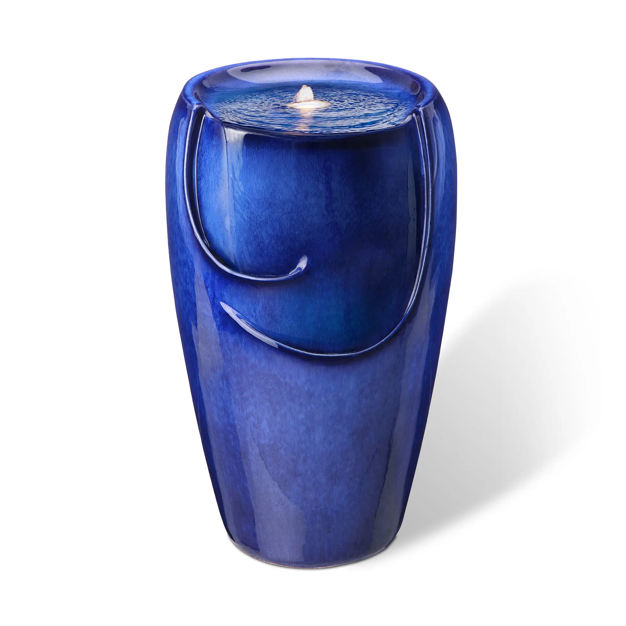 Glitzhome 20.5"H 100% Ceramic Outdoor Fountain - Kiln-Fired Glaze Cobalt Blue, 0.5~0.8w, 110v~120v 60hz & 12v, Includes Pump & LED Light, Adds Visual Interest, Calming Water Sound for Relaxation