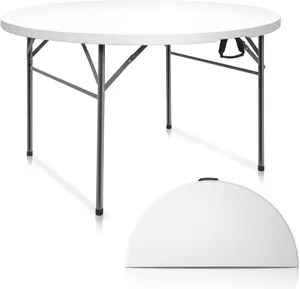 【Summervibes】48" Round Bi-Folding Commercial Table, 4 Feet Portable Plastic Dining Card Table For Kitchen Or Outdoor Party Wedding Event, 1-Pack