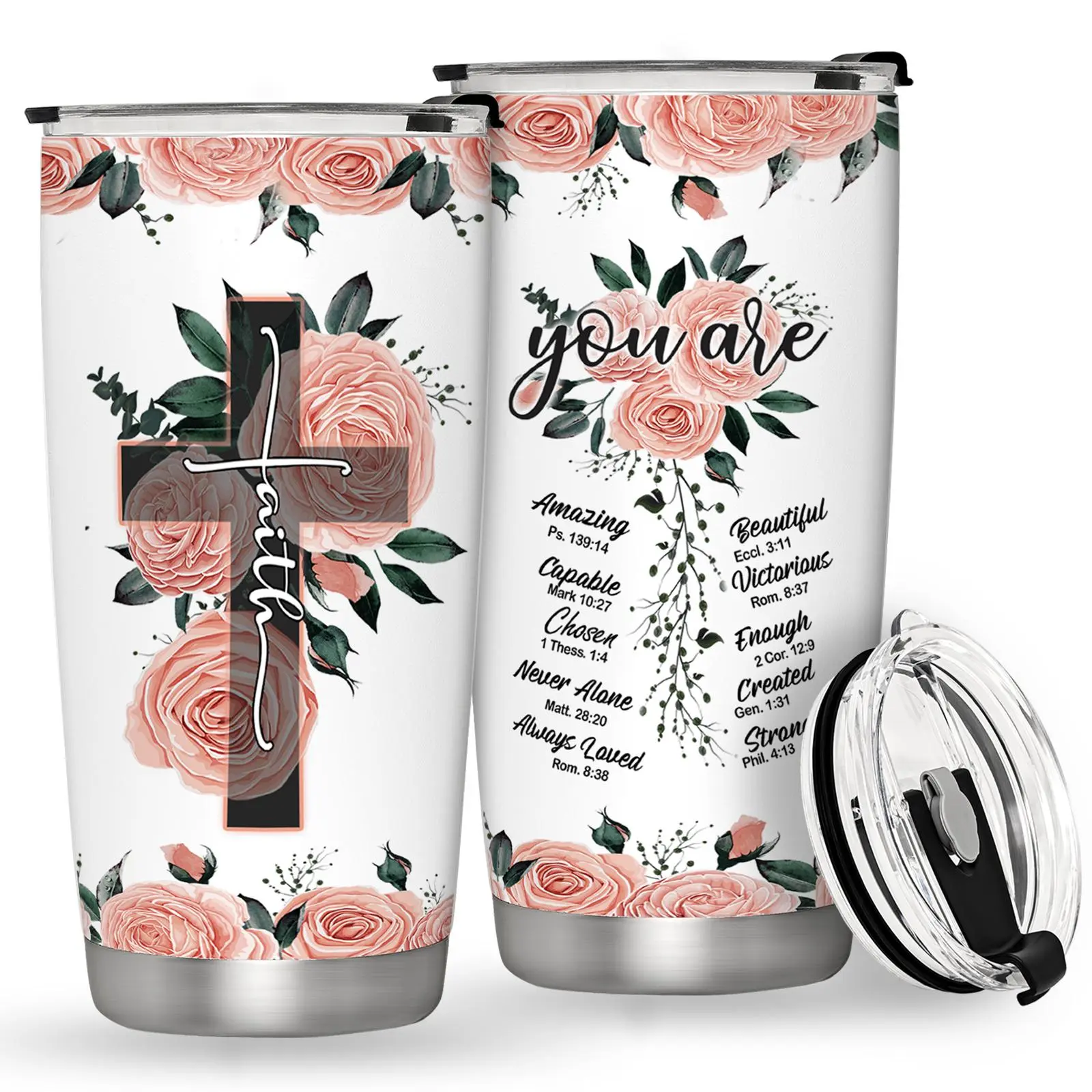 20oz Stainless Steel Vacuum Insulated Tumbler Mug - Lid-Included, Watercolour Printed Floral Cross Bible Verse Portable Reusable Drinkware, Christian Inspirational Gift for Women