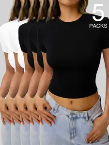 Women's 5-Pack Short Sleeve Slim Crop Tops. Buttery Soft Stretchy Fabric, Crew Neck Bodycon Cropped Basic Layering Tees, Versatile Daily Outfit, Black White Grey Pink Coffee 5-Piece Sets, Womenswear