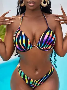 Vibrant Print Gradient Bikini Top, Push-Up Halter Neck Triangle Cup, Perfect for Vacation Parties Music Festivals, Trendy Swimwear Upper