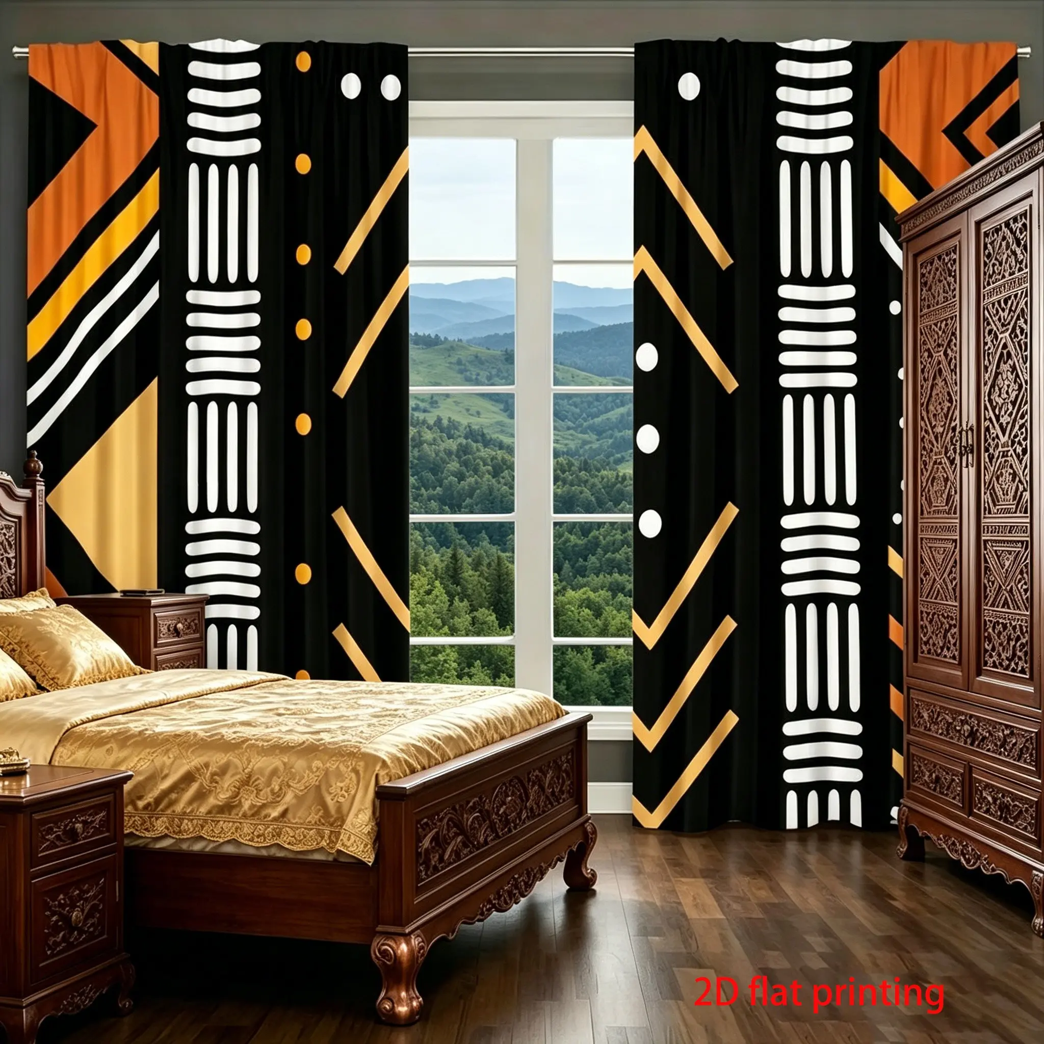 2-piece set of African mud cloth patterned curtains, featuring tribal geometric design, digital printing, and semi transparent curtains suitable for home windows, Home Decoration Curtain, Home Decorative Curtain