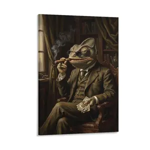 Frameless Printed Canvas Art, Realistic Chameleon in Suit (Cigar, Money), Vintage Study Design, Retro Wall Decor for Home/Office