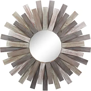 Large round 32 wooden sunburst wall mirror with attached hanging bracket decorative rustic decor for the living room bathroom bedroom and entryway multi color