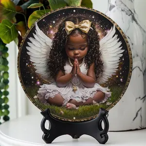 1 Piece Angel Theme Round Metal Wall Art Sign, Weatherproof Aluminum Plaque, High Definition Printing, Suitable for Home, Office, Bar, Kitchen Decoration, No Electricity Needed, Perfect Christmas Gift, 8inch Girl Room Accessories Interior