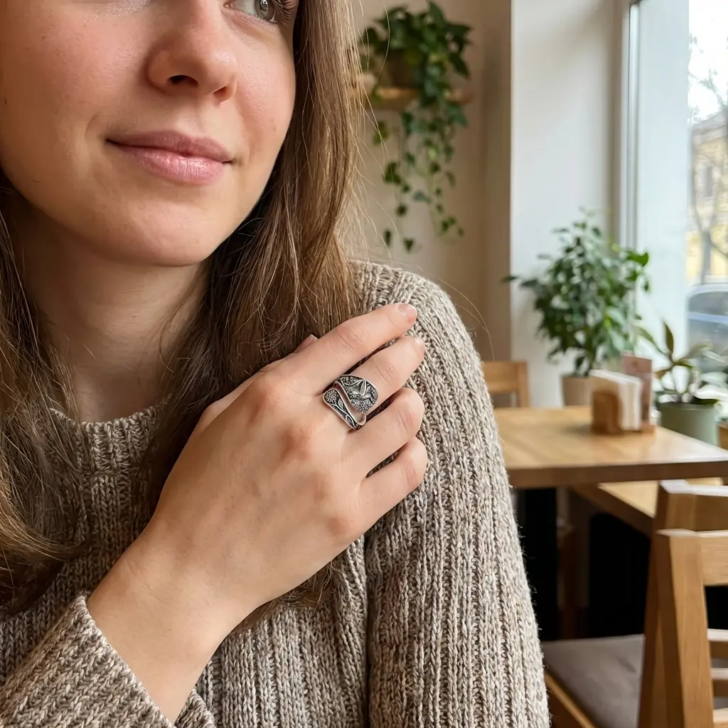 Hummingbird Spoon Ring for Women, Vintage Antique Adjustable Thumb Ring with Intricate Floral Bird Design, Unique Nature Inspired Handmade Style Jewelry Gift for Birthday Anniversary Mother's Day