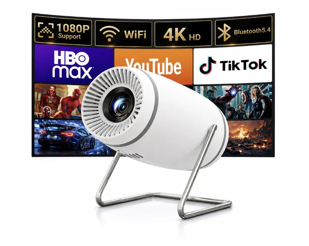Portable Mini Projector with Built-in Apps, WiFi, Bluetooth, 1080P & 4K Support, Compatible with Smartphones, TV Stick, iPad, PS5, Laptop, HDMI, USB for Bedroom Use