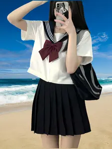 Kawaii School Jk Uniform Set with Bow Tie, Short Sleeve Top, Navy Pleated Skirt, Bow Tie, Cosplay Club Costume, Party Dress