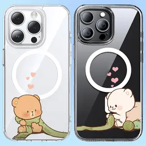 Plush Bear Warm Love Matching Couple Clear MagSafe Compatible Phone Case Magnetic Card Holder Wallet Shockproof Protective Cover for iPhone 16 Pro Max Samsung Galaxy S24