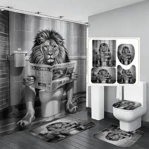 4pcs Funny Lion Reading Newspaper Shower Curtain Set, Humor Bathroom Decor,The floor mat fabric is thicker and softer!  Curtain & Rugs Combo, Festive Fun Vibe