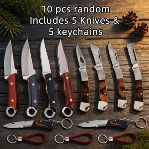 10PCS Random Mini Utility Tool Kit, Includes 5 Knives & 5 Keychains, Portable Unpacking Opener with Wooden Handle, Everyday Carry Pocket Tool Set