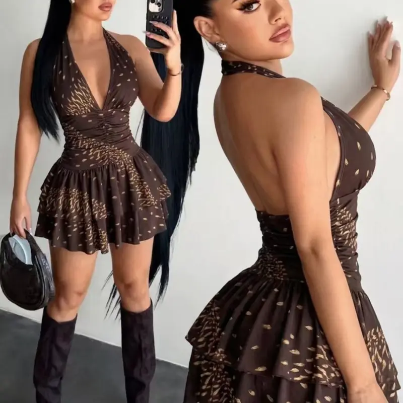 Women's Leopard Print Halter Neck Sleeveless Pleated Skirt Dress, Sexy Vacation Wear, Cheetah Print Dress, Birthday, Summer Fashion, Beach Party Dress, Party Outfits