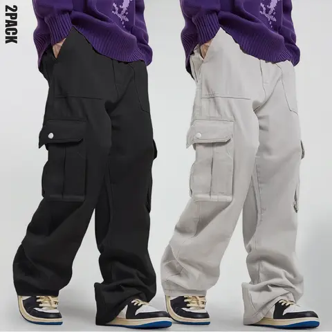 Men's 2-Pack H-Type Retro Preppy Male Clothing Cargo Pants - Lightweight Long Baggy Utility Trousers with Flap Pockets, Drawstring Waist, Relaxed Fit for Summer Travel, Party