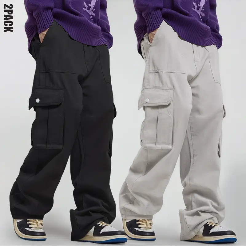 Men's 2-Pack H-Type Retro Preppy Male Clothing Cargo Pants - Lightweight Long Baggy Utility Trousers with Flap Pockets, Drawstring Waist, Relaxed Fit for Summer Travel, Party