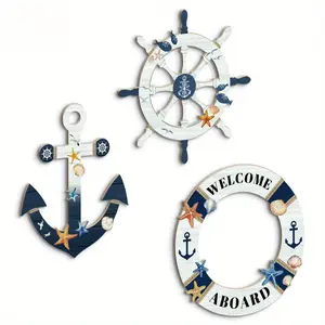 Nautical Style Wall Decor Set, Wooden Anchor, Steering Wheel, Lifebuoy Shapes, No Power Needed, Indoor Nautical Theme Decoration